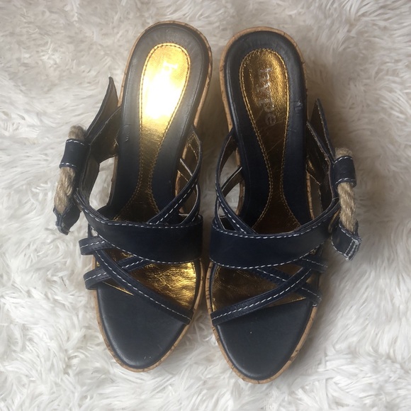 Hype Blue Leather Magnity Espadrille Buckle Slip On Wedge Peep Toe Sandals 7M - Picture 3 of 8